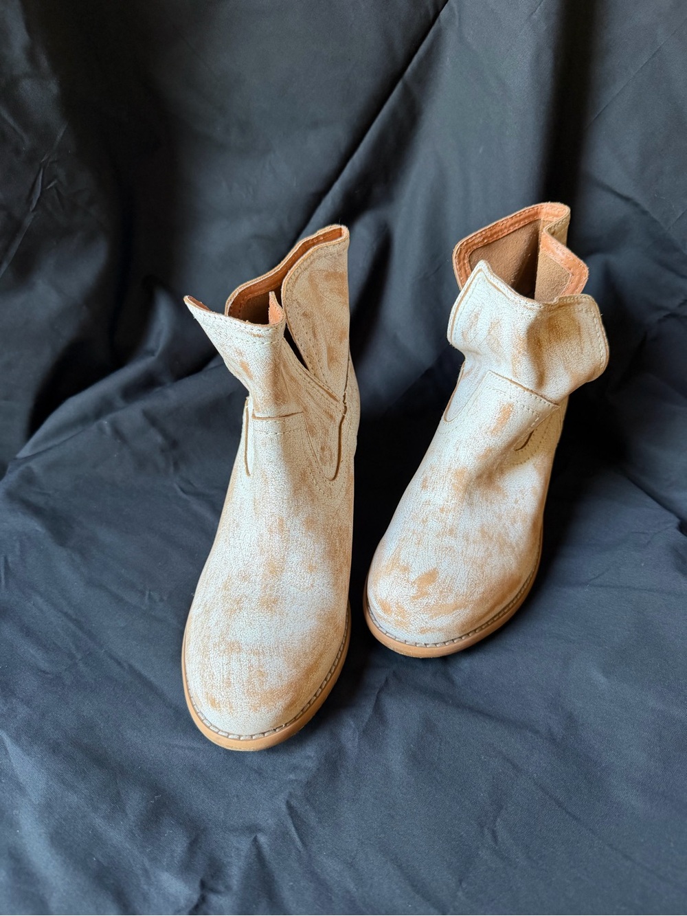 Women's Beige Suede Ankle Booties with Folded Collar